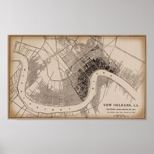 Póster Mapa antigo de Nova Orleans 1841 (Frente)