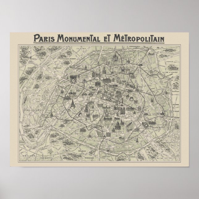 Poster Mapa Antigo de Paris (Frente)