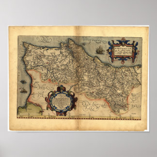 Poster Mapa antigo de Portugal ORTELIUS ATLAS 1570 A.D.