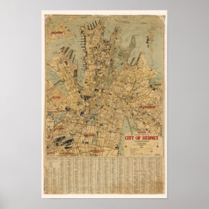 Póster Mapa antigo de Sydney Austrália