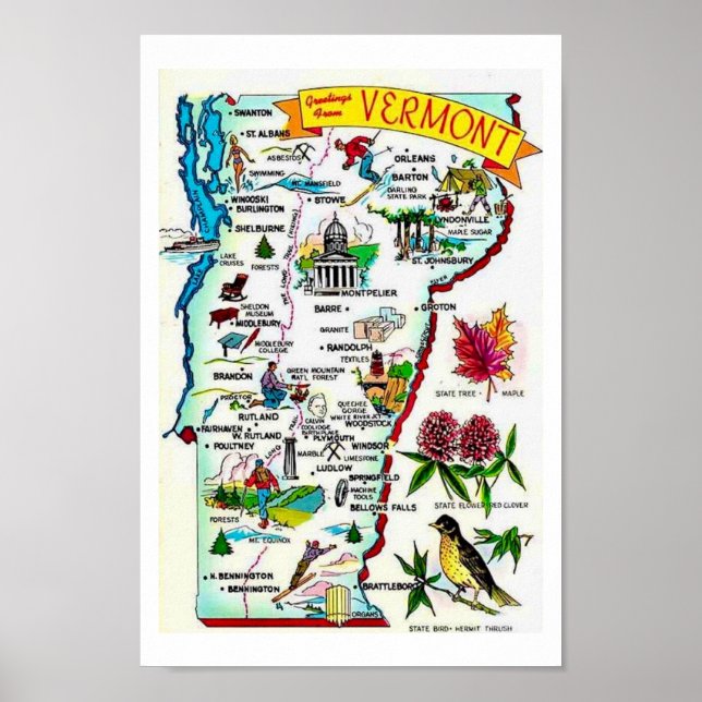 Poster Mapa Antigo de Vermont Impresso (Frente)