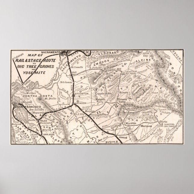 Poster Mapa Antigo de Yosemite 1876 (Frente)