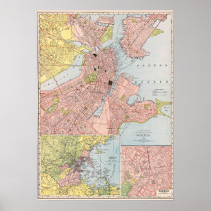Poster Mapa Antigo Detalhado da Cidade de Boston 1912