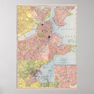 Poster Mapa Antigo Detalhado da Cidade de Boston 1912