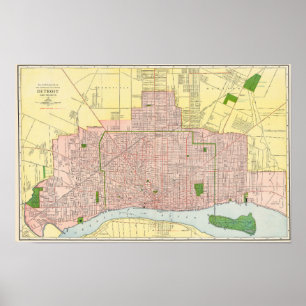 Poster Mapa Antigo Detalhado da Cidade de Detroit 1912