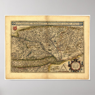 Póster Mapa antigo do ATLAS 1570 A.D. de Hungria ORTELIUS
