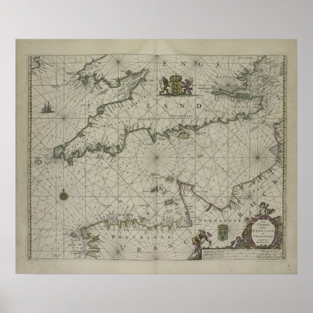 Poster Mapa antigo do canal, 1666 (gravura a cores) (Frente)