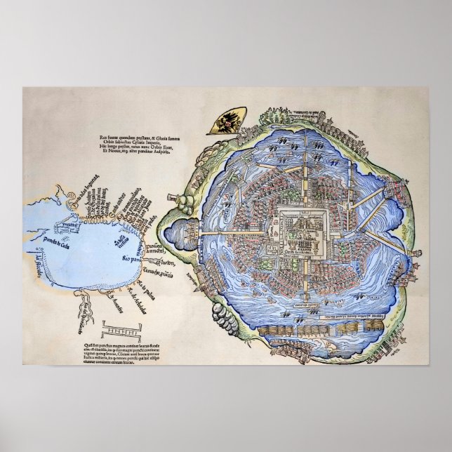Poster Mapa antigo do Capital Asteca Tenochtitlan (Frente)
