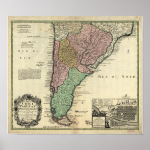Poster Mapa antigo do Chile & de Paraguai 1733