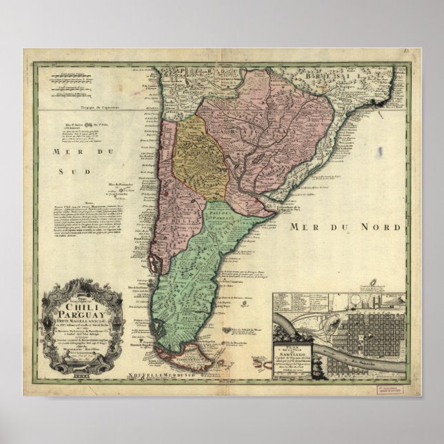 Poster Mapa antigo do Chile e do Paraguai 1733 (Frente)