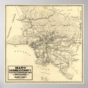 Póster Mapa Antigo do Condado de Los Angeles, Califórnia