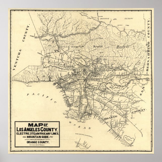Póster Mapa Antigo do Condado de Los Angeles, Califórnia  (Frente)