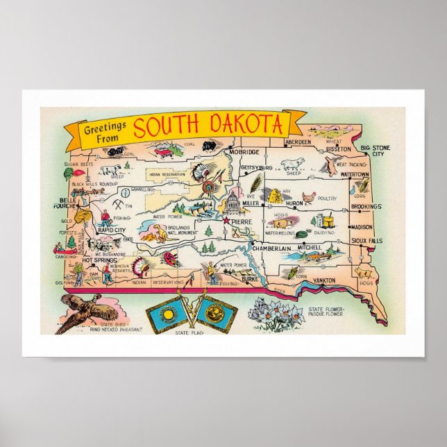 Poster Mapa Antigo do Dakota do Sul Impresso (Frente)