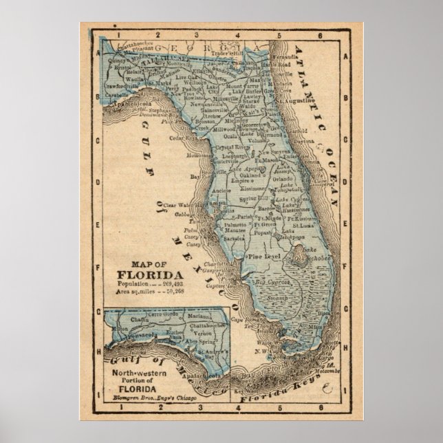 Poster Mapa Antigo do Estado da Flórida (Frente)