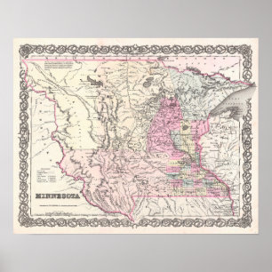 Póster Mapa antigo do estado de Minnesota