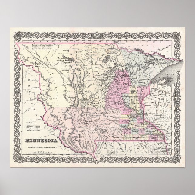 Póster Mapa antigo do estado de Minnesota (Frente)