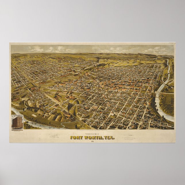 Poster Mapa antigo do Fort Worth, Texas, EUA, 1891 (Frente)