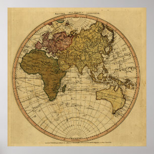 Póster Mapa antigo do Hemisfério Leste de William Faden,