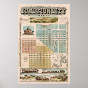 Poster Mapa antigo do Kansas de Junction City (1870) Vint