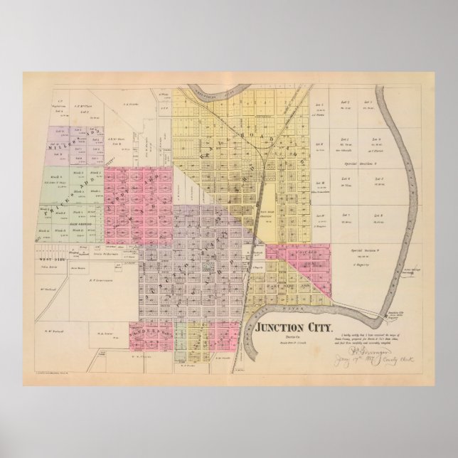 Poster Mapa antigo do Kansas de Junction City (1887) Vint (Frente)