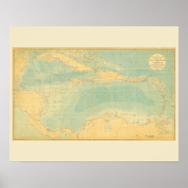 Póster Mapa Antigo do Mar do Caribe (Frente)