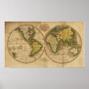 Póster Mapa antigo do mundo - 1795
