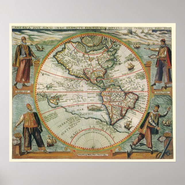 Poster Mapa Antigo do Mundo das Américas, 1597 (Frente)