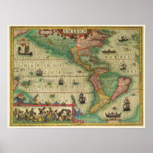 Poster Mapa Antigo do Mundo das Américas, 1606