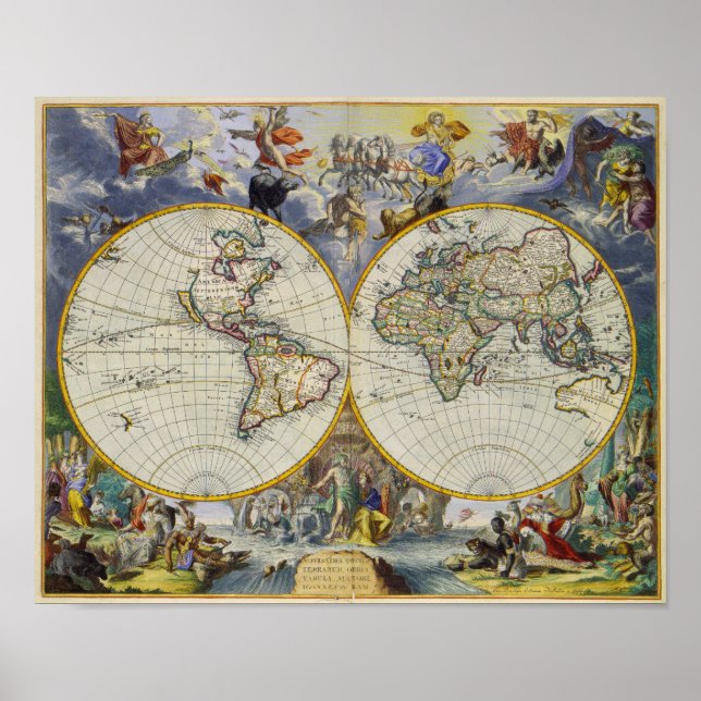 Poster Mapa antigo do mundo em dois hemisférios 1683 (Frente)