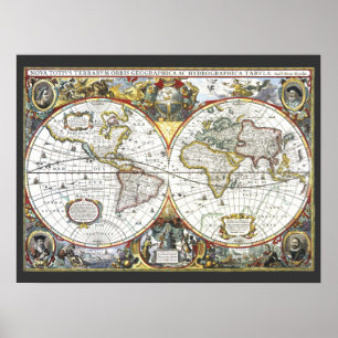 Póster Mapa Antigo do Mundo por Hendrik Hondius, 1630