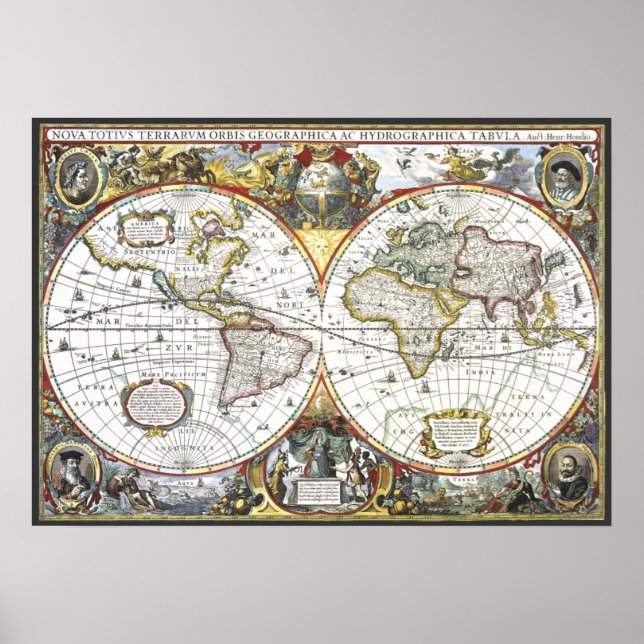 Póster Mapa antigo do mundo por Hendrik Hondius, 1630 (Frente)