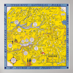 Poster Mapa Antigo do Parque Nacional de Yosemite Califór