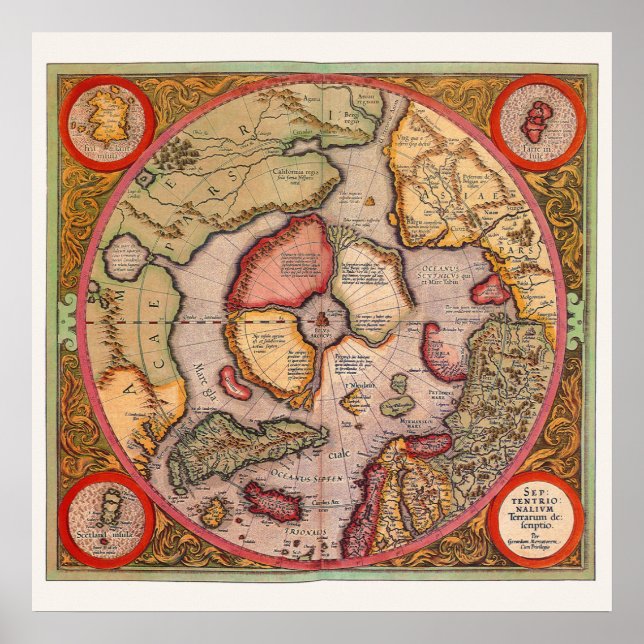 Poster Mapa Antigo do Polo Norte por Mercator (Frente)