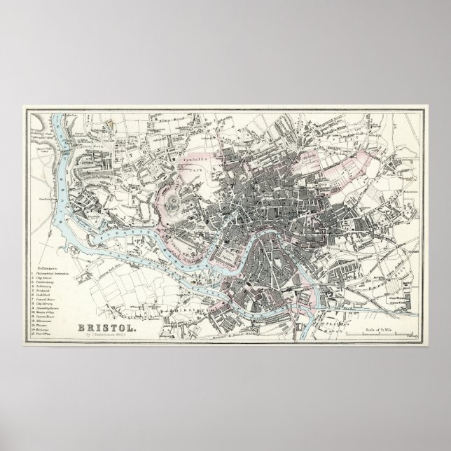 Póster Mapa antigo do século 19 de Bristol (Frente)