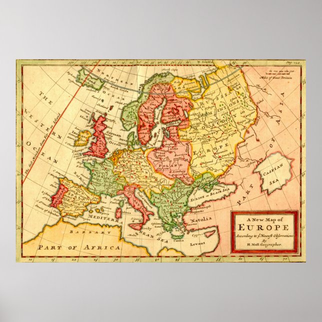 Póster Mapa antigo do século XVIII da Europa Herman Moll (Frente)