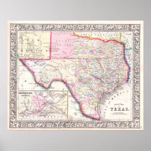 Poster Mapa Antigo do Texas, 1864 (Frente)