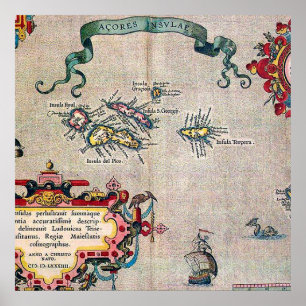 Póster Mapa Antigo dos Açores - Exploração de Navegação V