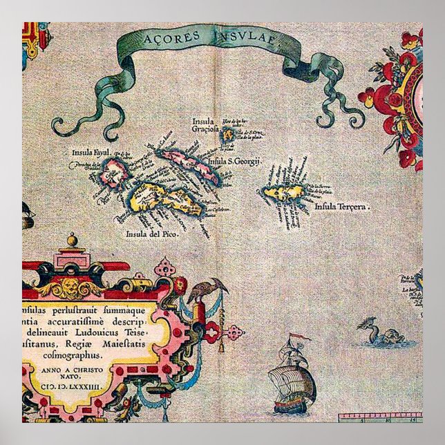 Póster Mapa Antigo dos Açores - Exploração de Navegação V (Frente)