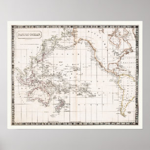 Poster Mapa antigo dos anos 1800 do Oceano Pacífico