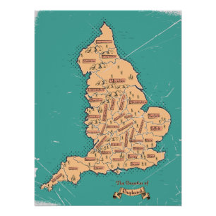 Póster Mapa Antigo dos Condados da Inglaterra