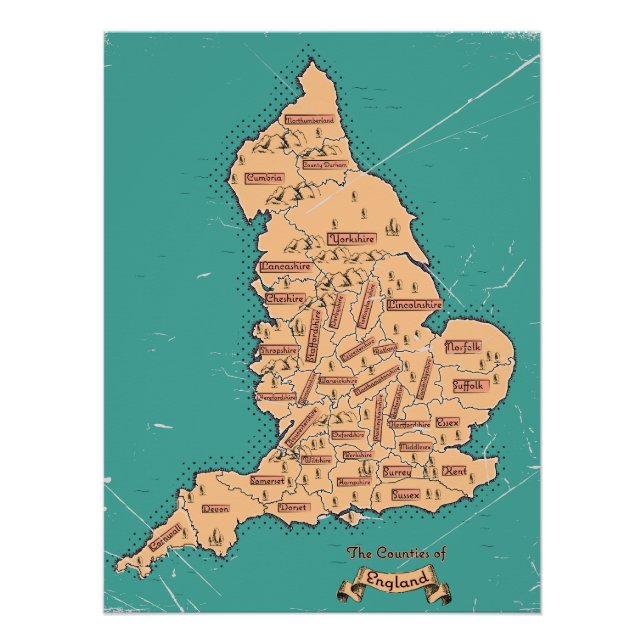 Póster Mapa Antigo dos Condados da Inglaterra (Frente)