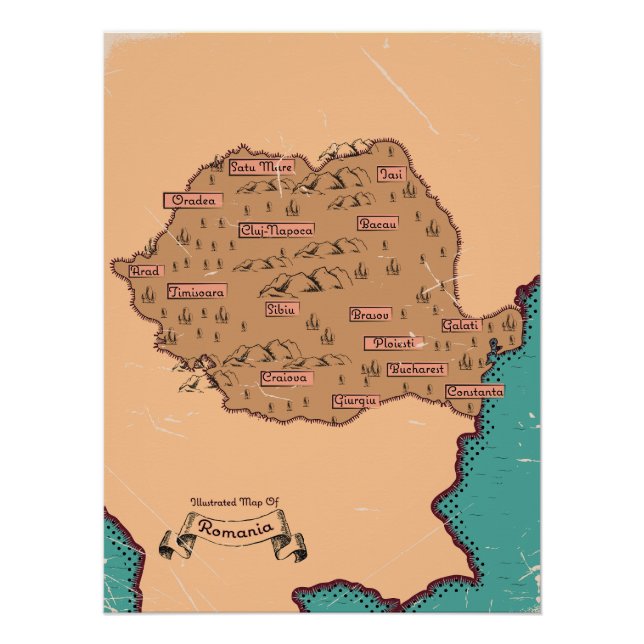 Póster Mapa Antigo dos Condados da Roménia (Frente)