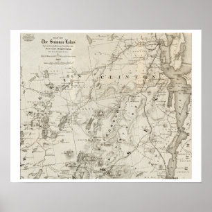 Póster Mapa antigo dos Lagos Saranac, Nova Iorque