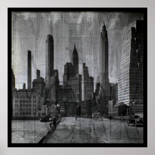 Póster Mapa Antigo e Foto Retro de Nova York