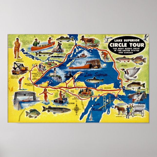 Poster Mapa Antigo Ilustrado do Lago Superior (Frente)