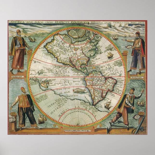 Poster Mapa antigo mundial das Américas, 1597 (Frente)