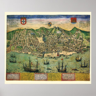 Póster Mapa antigo, Plano Municipal de Lisboa, Portugal,