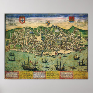 Póster Mapa antigo, Plano Municipal de Lisboa, Portugal, 