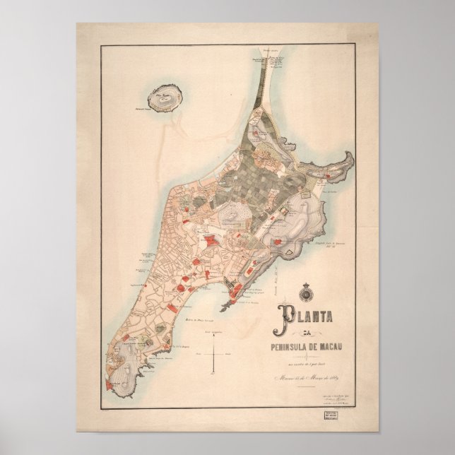 Póster Mapa antigo português de Macau 1889 (Frente)