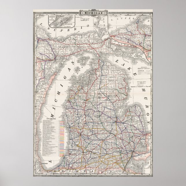 Poster Mapa Antigo Premium da Área de Michigan 1892 (Frente)